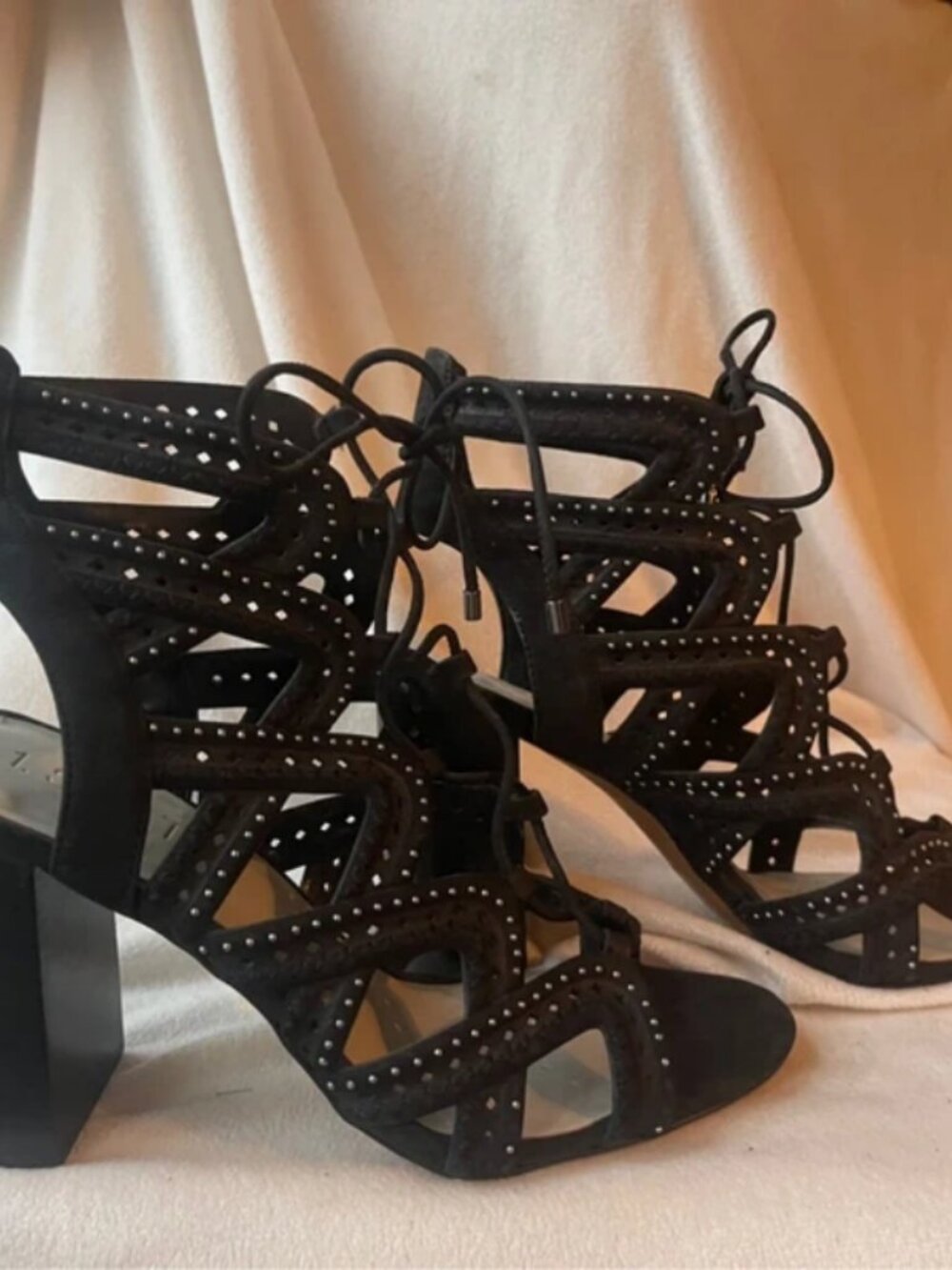 1. State (Kayley) Studded Criss Cross Lace Up Chunky Heel Black Leather Heels 9M